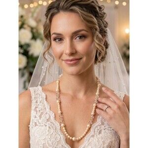 Vintage Faux Pearl & Faceted Crystal Bead Necklace 24” Gold Tone Accents
